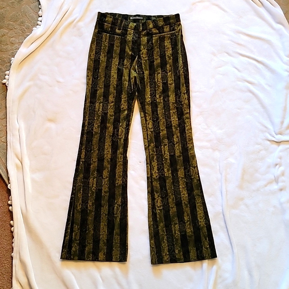 Pants, velvet, bell bottom, black & moss green vertical stripes
